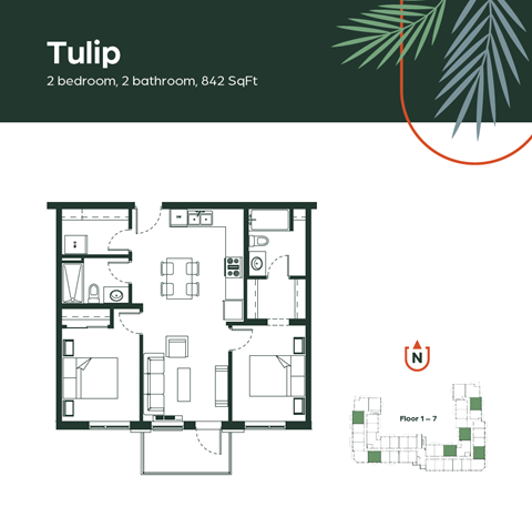 Floor plan for 2 beds, 2 baths, 842 sqft